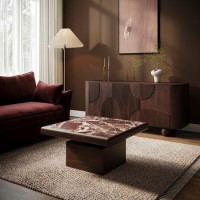 Large Mango Wood and Red Marble Square Coffee Table - Rana