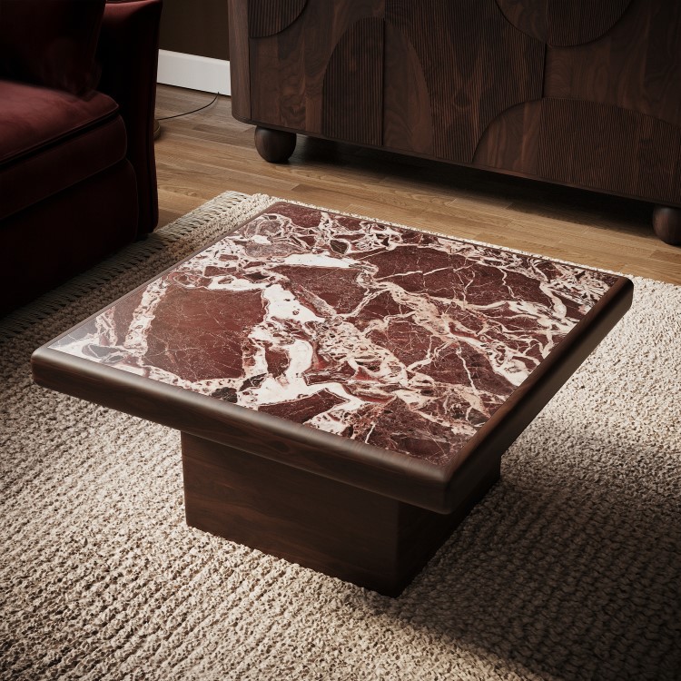 Large Mango Wood and Red Marble Square Coffee Table - Rana