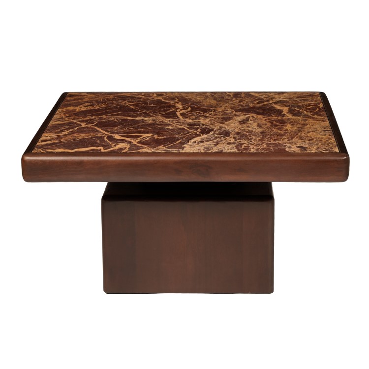 Large Mango Wood and Red Marble Square Coffee Table - Rana