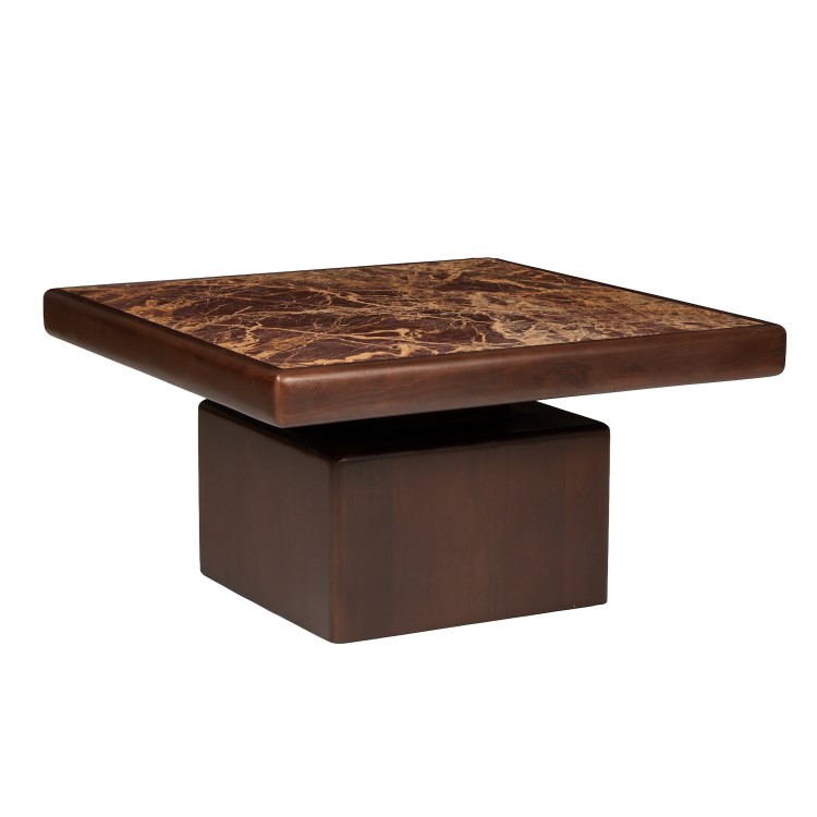 Large Mango Wood and Red Marble Square Coffee Table - Rana