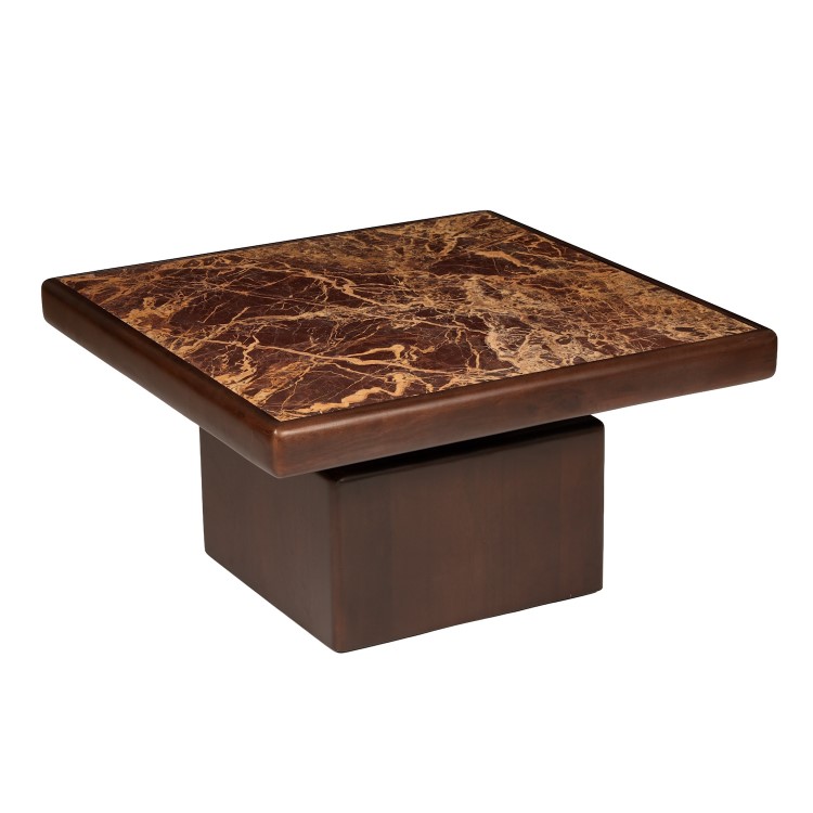 Large Mango Wood and Red Marble Square Coffee Table - Rana