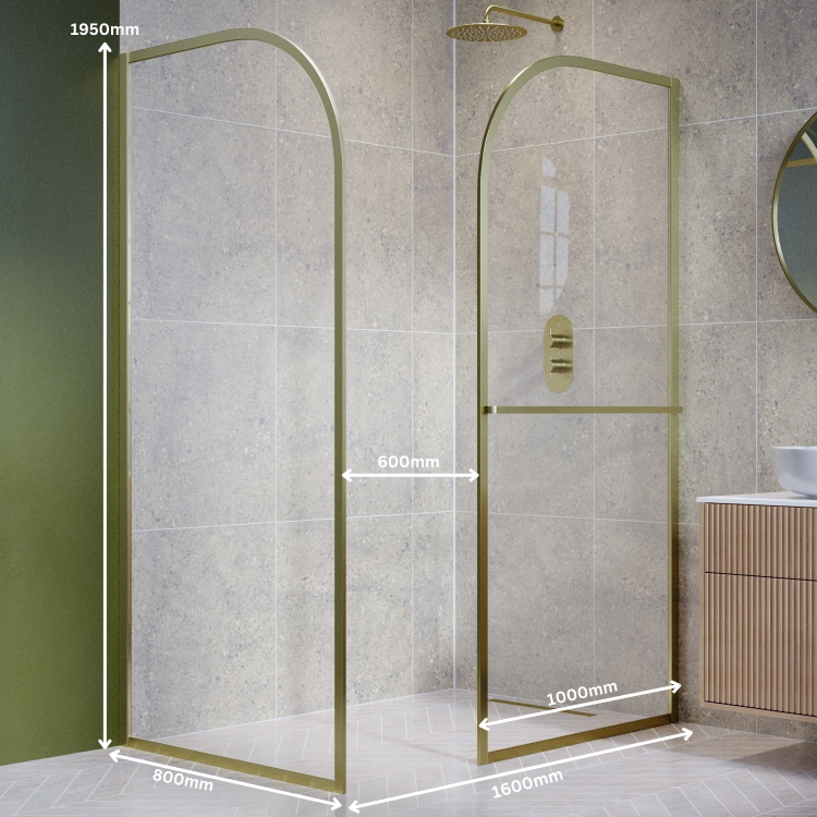 1000mm Brushed Brass Curved Glass Shower Screen for Wet Room & Walk In Shower - Raya