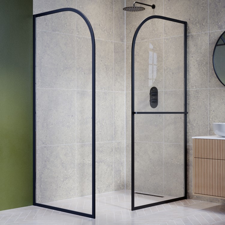 900mm Black Curved Glass Shower Screen for Wet Room & Walk In Shower - Raya