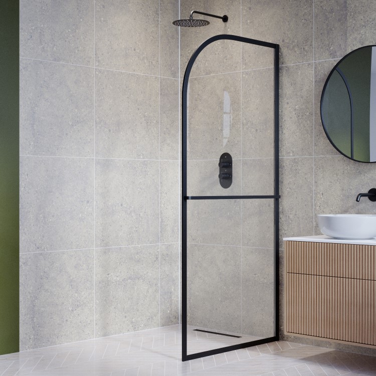 900mm Black Curved Glass Shower Screen for Wet Room & Walk In Shower - Raya