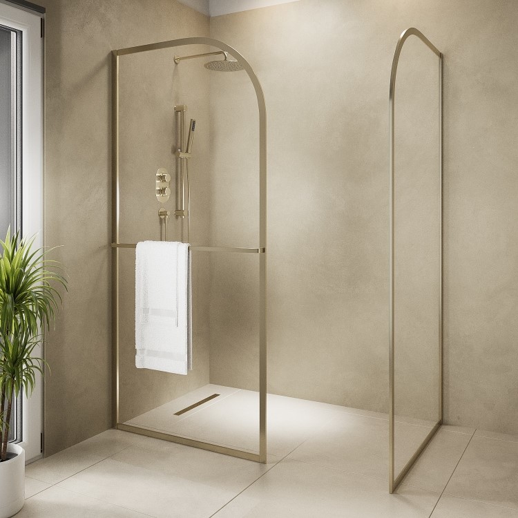 900mm Brushed Brass Curved Glass Shower Screen for Wet Room & Walk In Shower - Raya