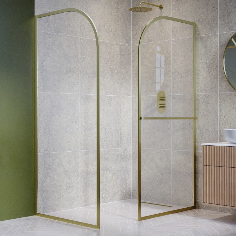900mm Brushed Brass Curved Glass Shower Screen for Wet Room & Walk In Shower - Raya