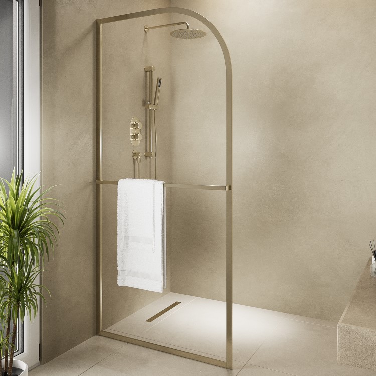900mm Brushed Brass Curved Glass Shower Screen for Wet Room & Walk In Shower - Raya