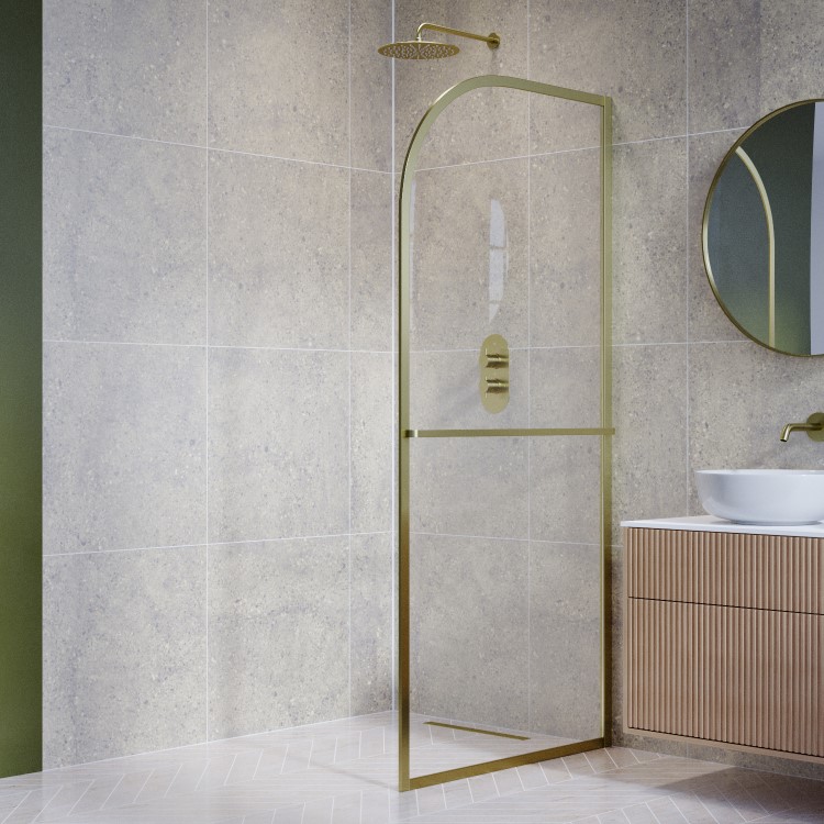 900mm Brushed Brass Curved Glass Shower Screen for Wet Room & Walk In Shower - Raya