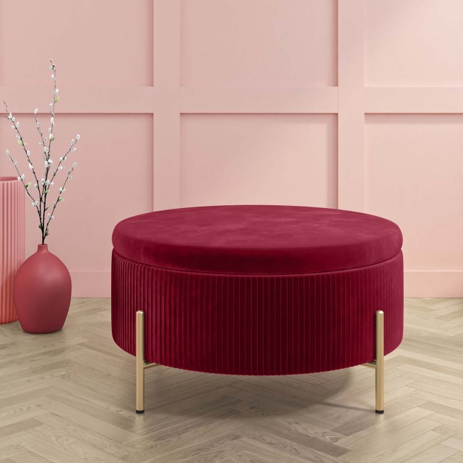 Large 80cm Round Pouffe with Storage in Red Velvet - Robyn 