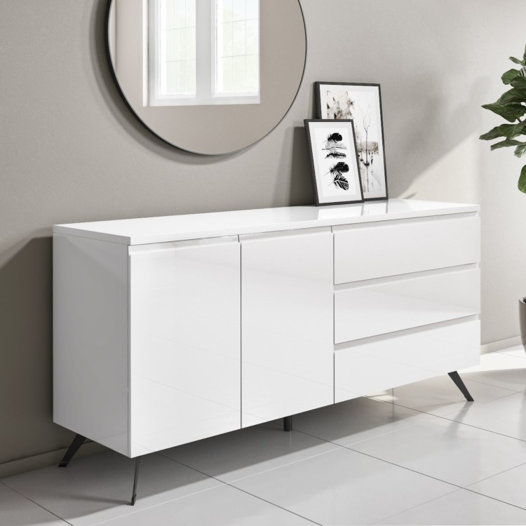 Large White High Gloss Sideboard with Drawers - Rochelle
