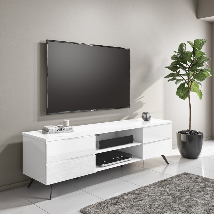 Wide White Gloss TV Stand with Storage - TV's up to 77" - Rochelle
