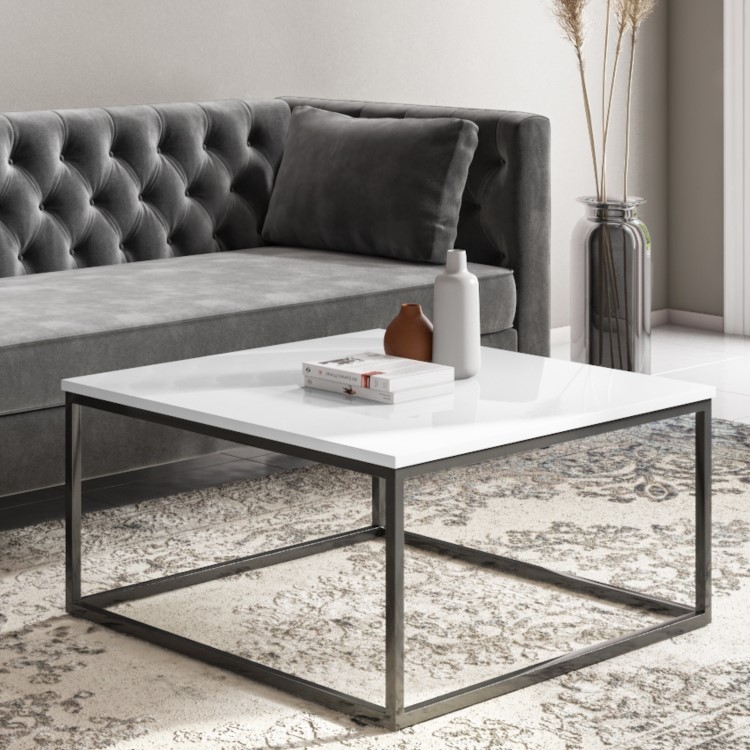Small Square White Gloss Coffee Table with Black Metal Legs - Rochelle