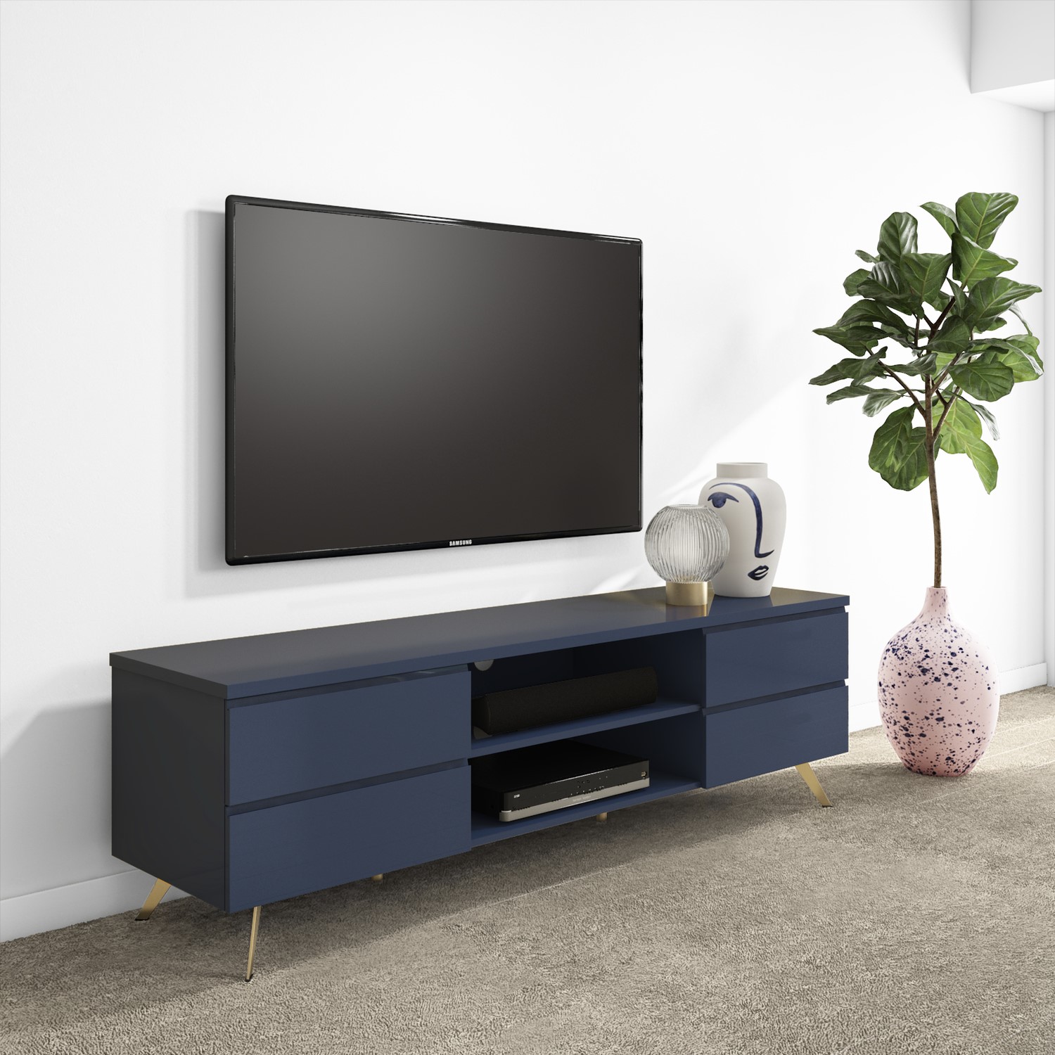 Wide Blue TV Stand with Storage - TV's up to 77 - Rochelle 