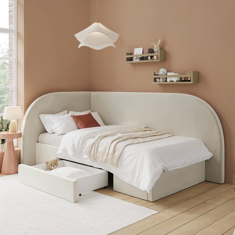Cream Single Bed Frame with Storage and Curved Headboard - Reagan