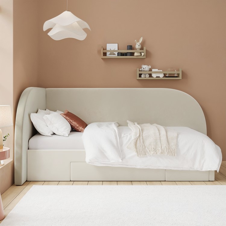 Cream Single Bed Frame with Storage and Curved Headboard - Reagan