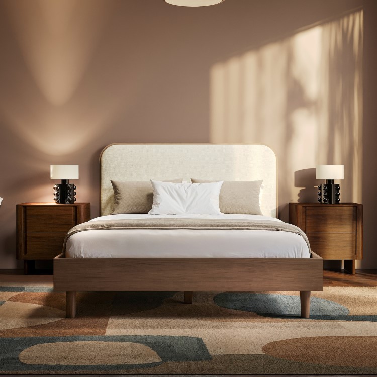 Walnut Double Wooden Bed Frame With Upholstered Curved Headboard - Reece