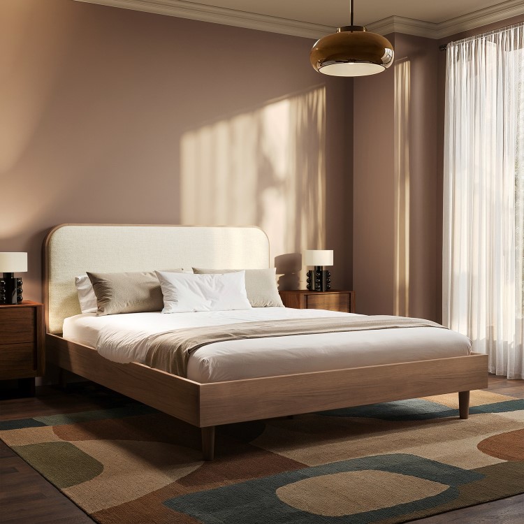 Walnut Double Wooden Bed Frame With Upholstered Curved Headboard - Reece