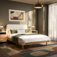 Oak Double Wooden Bed Frame With Upholstered Curved Headboard - Reece