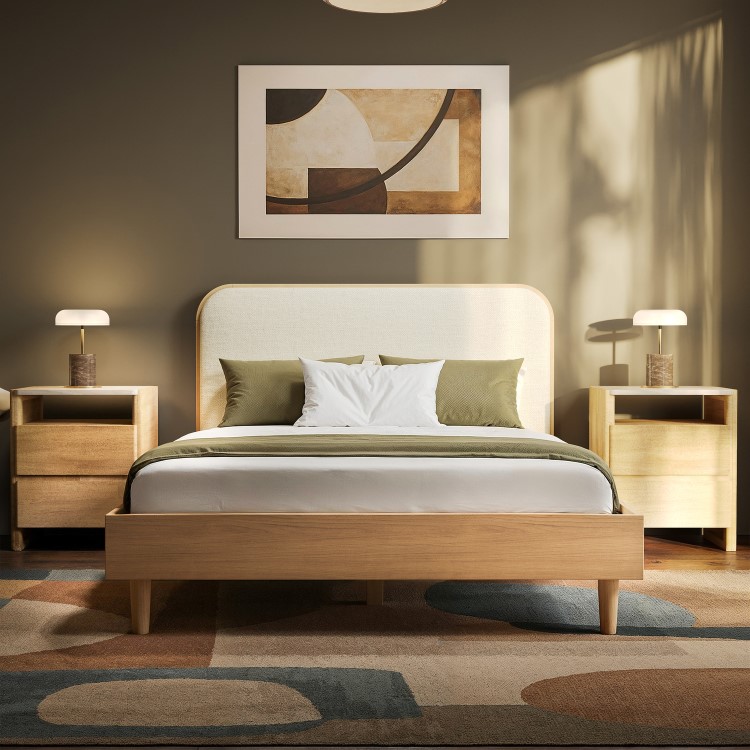 Oak Double Wooden Bed Frame With Upholstered Curved Headboard - Reece