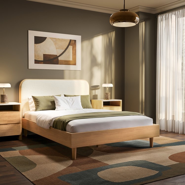 Oak Double Wooden Bed Frame With Upholstered Curved Headboard - Reece