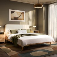 Oak King Size Wooden Bed Frame With Upholstered Curved Headboard - Reece