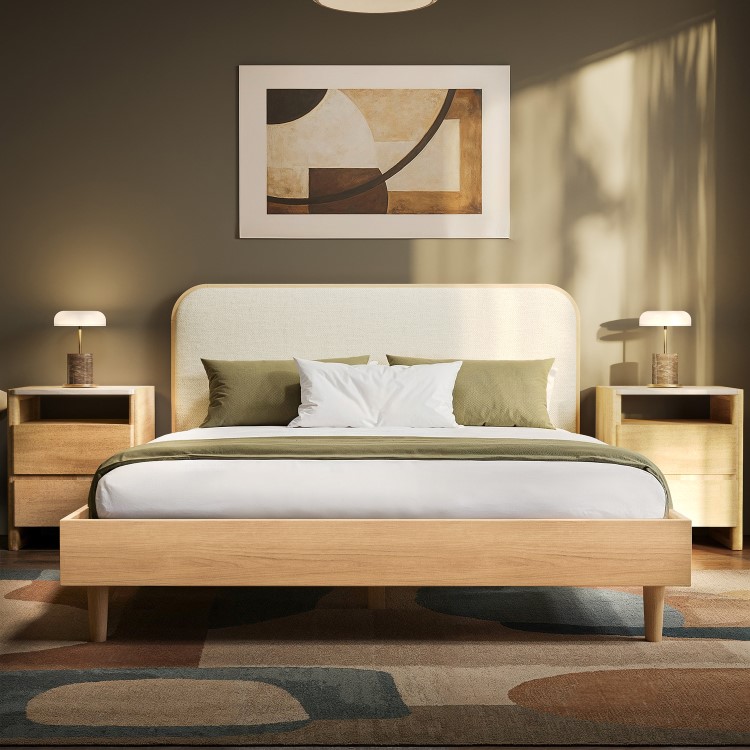 Oak King Size Wooden Bed Frame With Upholstered Curved Headboard - Reece