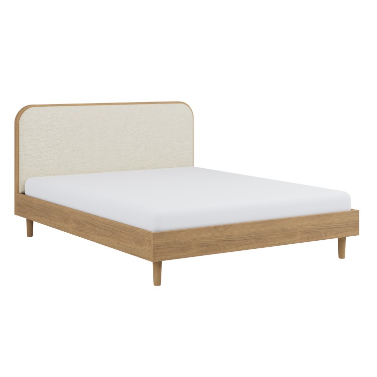 Oak King Size Wooden Bed Frame With Upholstered Curved Headboard - Reece