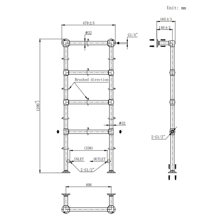Brass Vertical Traditional Towel Rail Radiator 1200 x 479mm - Regent