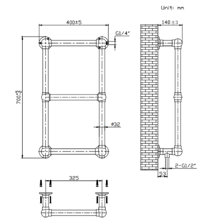 GRADE A1 - Brass Vertical Traditional Towel Radiator 700 x 400mm - Regent