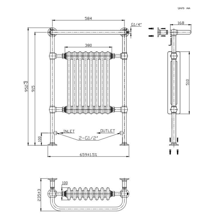 White and Bronze Traditional Column Radiator with Towel Rail 952 x 659mm - Regent
