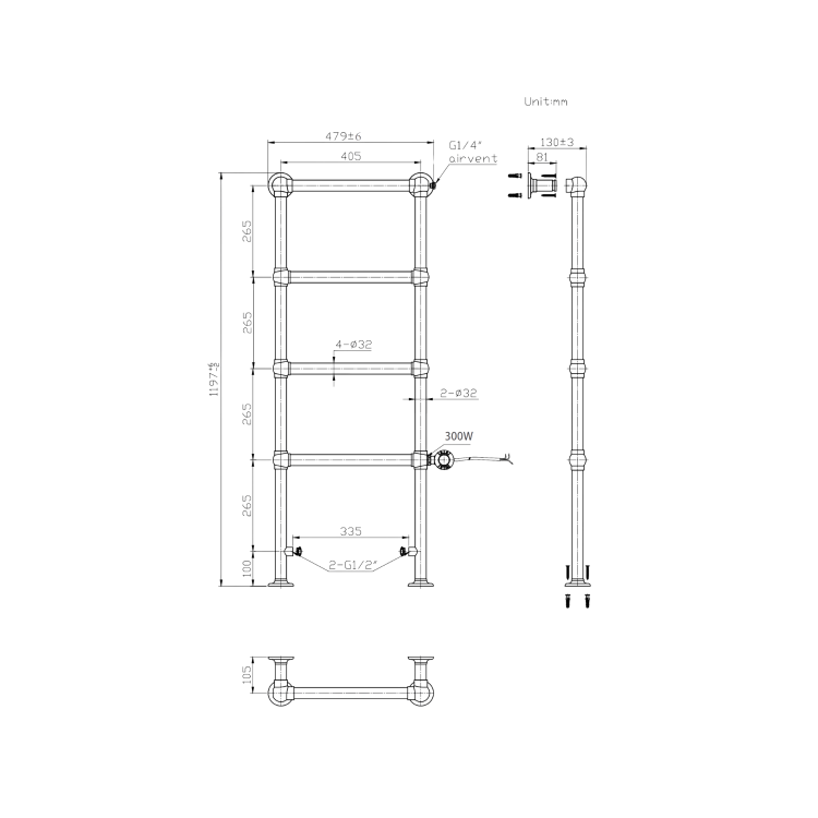 ONLY OPENED - Brass Vertical Electric Towel Radiator 1200 x 479mm - Regent