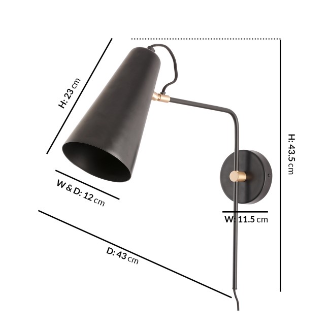 Large Black Cone Wall Light with Brass Finish - Pavia