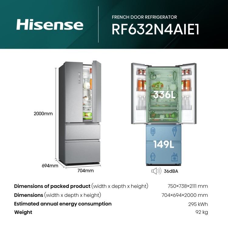 Hisense PureFlat 485 Litre French Style American Fridge Freezer - Stainless Steel