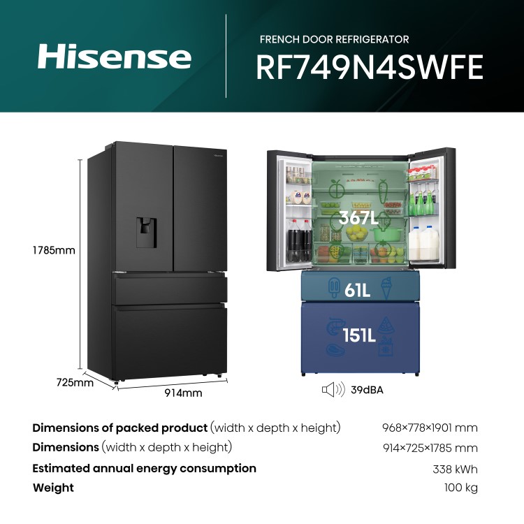 Hisense 579 Litre PureFlat French Door American Fridge Freezer - Black Steel
