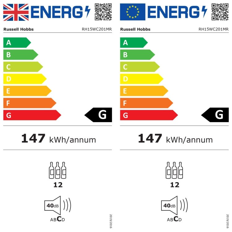 Russell Hobbs 12 Bottle Capacity Single Zone Freestanding Wine Cooler - Black
