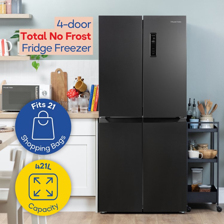Russell Hobbs 421 Litre Four Door American Fridge Freezer - Black Steel