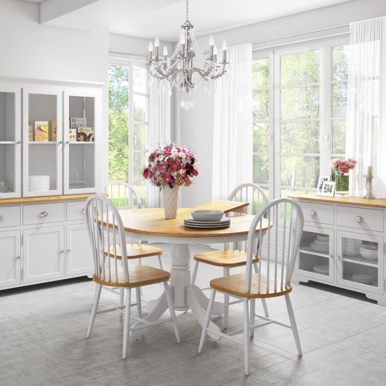 Round Extendable Dining Table in White & Oak Effect - Seats 6 - Rhode Island