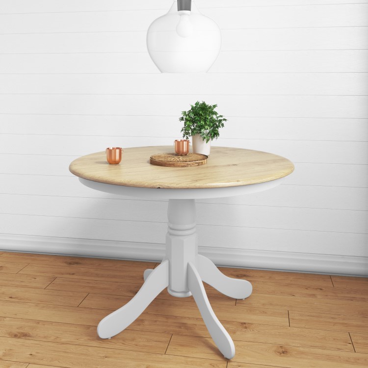 Round Extendable Dining Table in White & Oak Effect - Seats 6 - Rhode Island