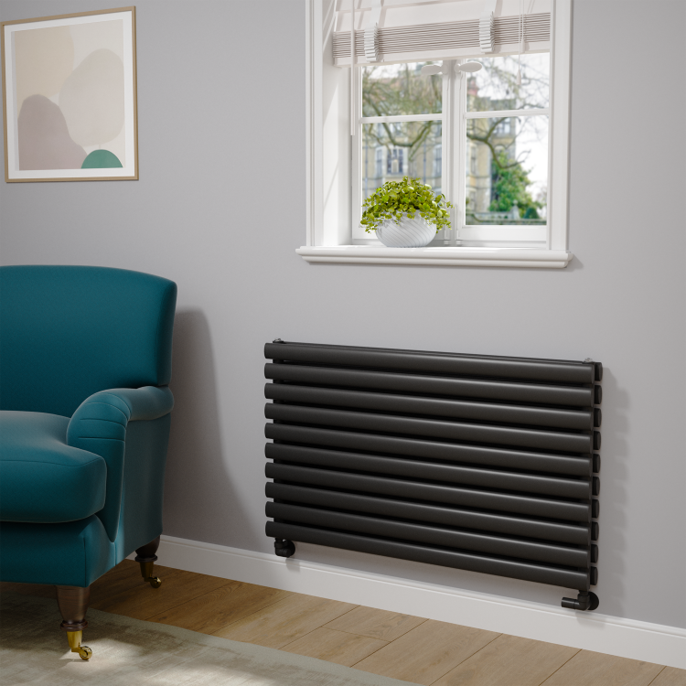 Sorrento Linea Midnight Black Oval Designer Radiator 590x1000mm Double Panel 3693 BTU - Horizontal Bars
