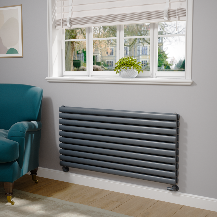 Sorrento Linea Dark Grey Anthracite Oval Designer Radiator 590x1200mm Double Panel 4355 BTU - Horizontal Bars
