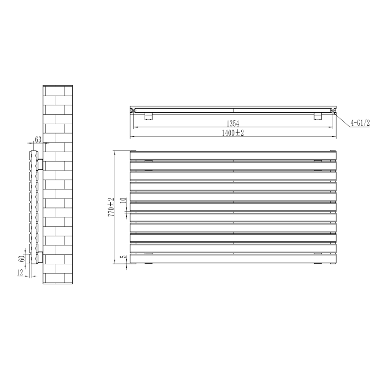 Riace Linea White Flat Designer Radiator 770x1400mm Double Panel 6143 BTU - Horizontal Bars