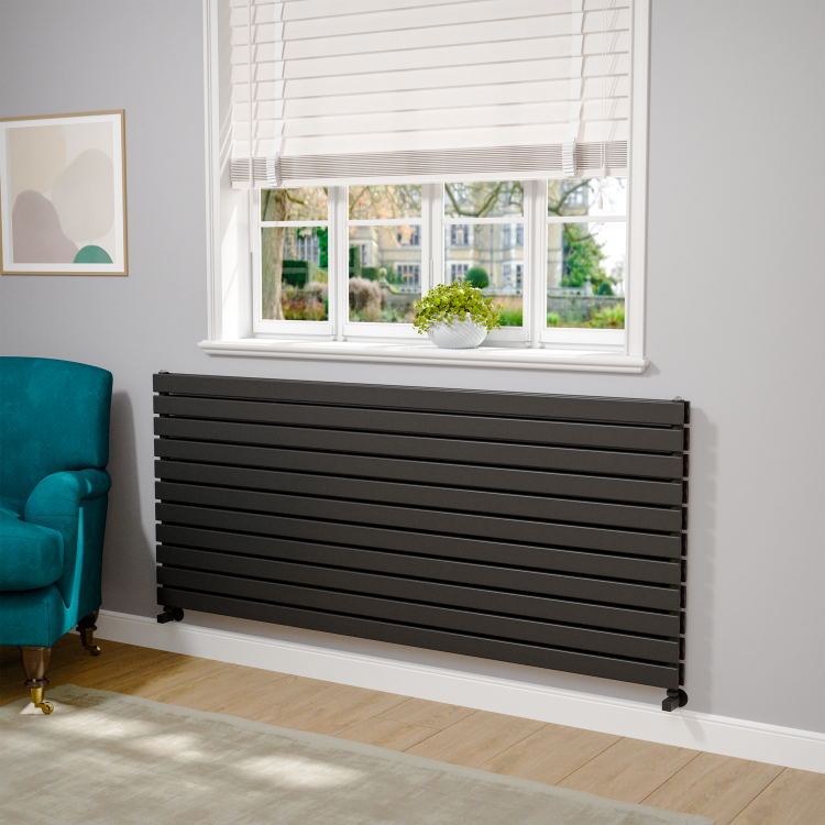 Riace Linea Midnight Black Flat Designer Radiator 770x1800mm Double Panel 7645 BTU - Horizontal Bars