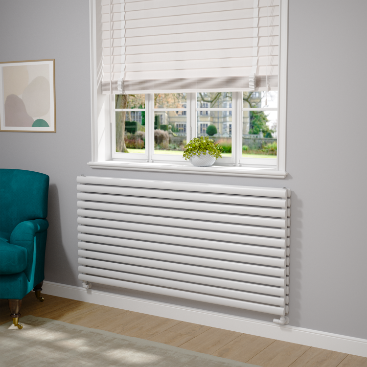 Sorrento Linea White Oval Designer Radiator 767x1600mm Double Panel 7379 BTU - Horizontal Bars