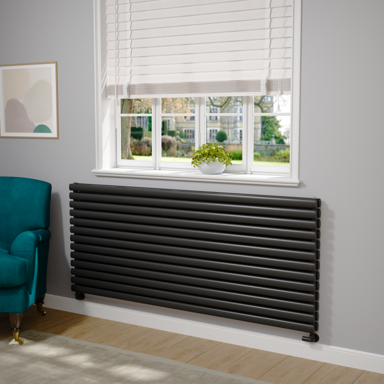Sorrento Linea Midnight Black Oval Designer Radiator 767x1800mm Double Panel 8239 BTU - Horizontal Bars