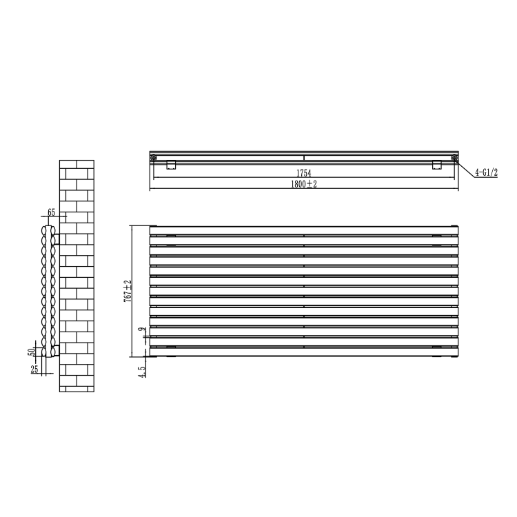 Sorrento Linea Dark Grey Anthracite Oval Designer Radiator 767x1800mm Double Panel 8239 BTU - Horizontal Bars