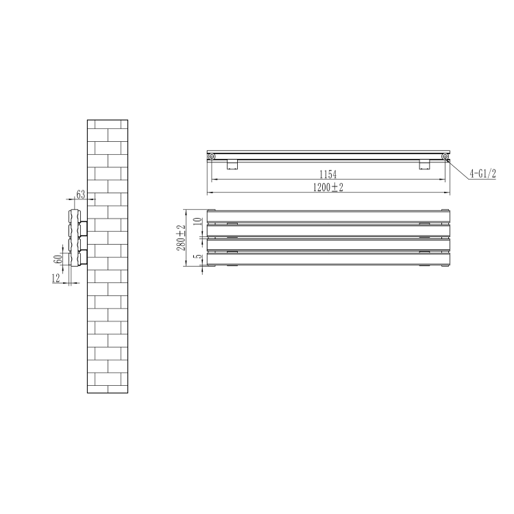 Riace Linea Dark Grey Anthracite Flat Designer Radiator 280x1200mm Double Panel 1949 BTU - Horizontal Bars