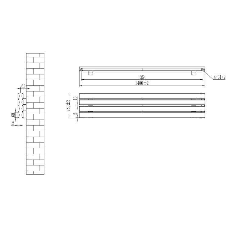 Riace Linea White Flat Designer Radiator 280x1400mm Double Panel 2235 BTU - Horizontal Bars