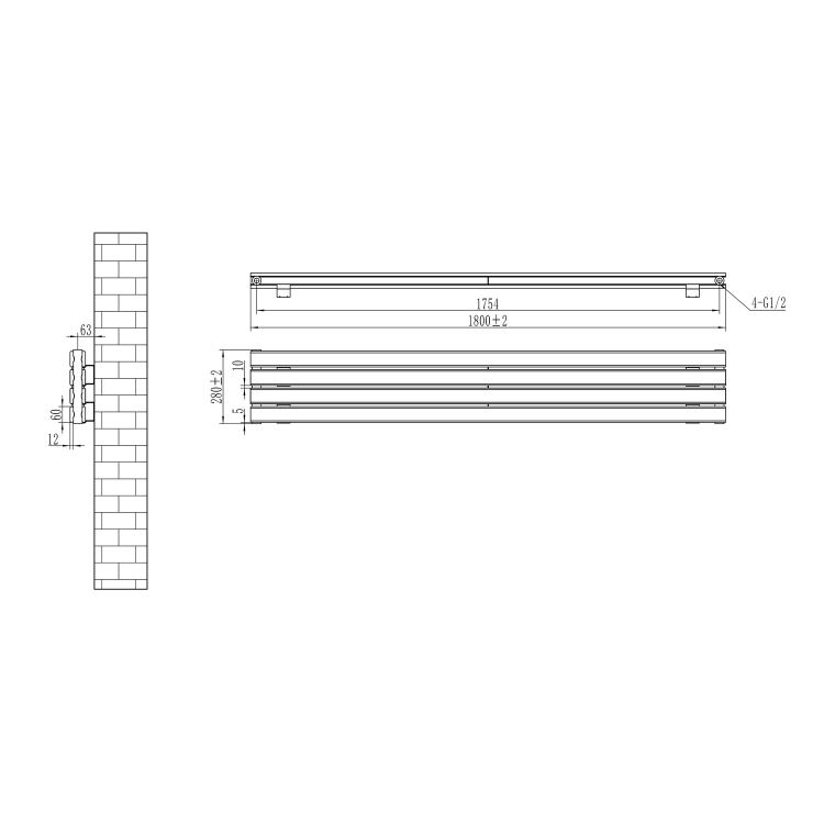 Riace Linea White Flat Designer Radiator 280x1800mm Double Panel 2778 BTU - Horizontal Bars