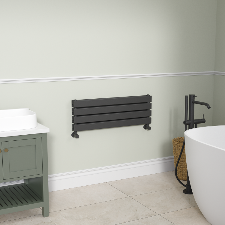 Riace Linea Midnight Black Flat Designer Radiator 280x800mm Double Panel 1352 BTU - Horizontal Bars
