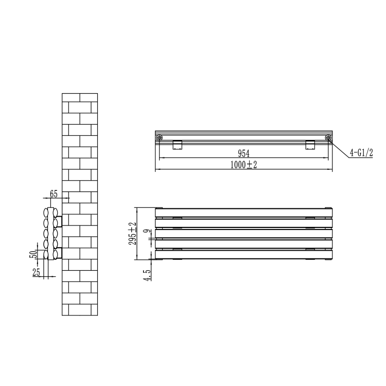 Sorrento Linea Midnight Black Oval Designer Radiator 295x1000mm Double Panel 1846 BTU - Horizontal Bars